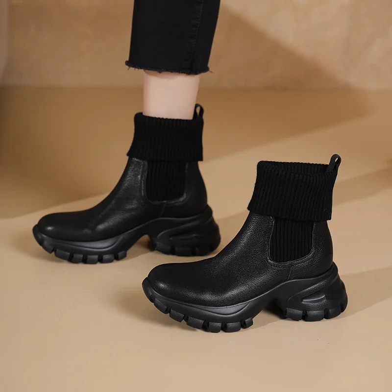 Women New Genuine Sheepskin Knit Sock Ankle Boots Chunky Platform Lug Sole Slip on Boots High Heel Warm Plush Winter Short Boots
