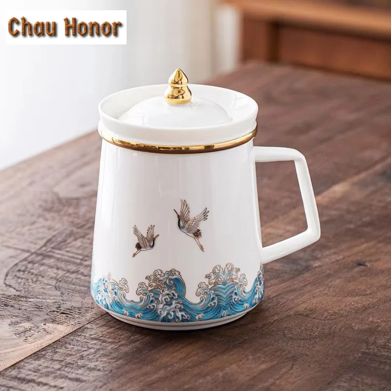 400ml Crane Mutton Fat Jade White Porcelain Filter Tea Separator Cup Aesthetic Tea Mug with Infuser Tea Brewing Office Water Cup