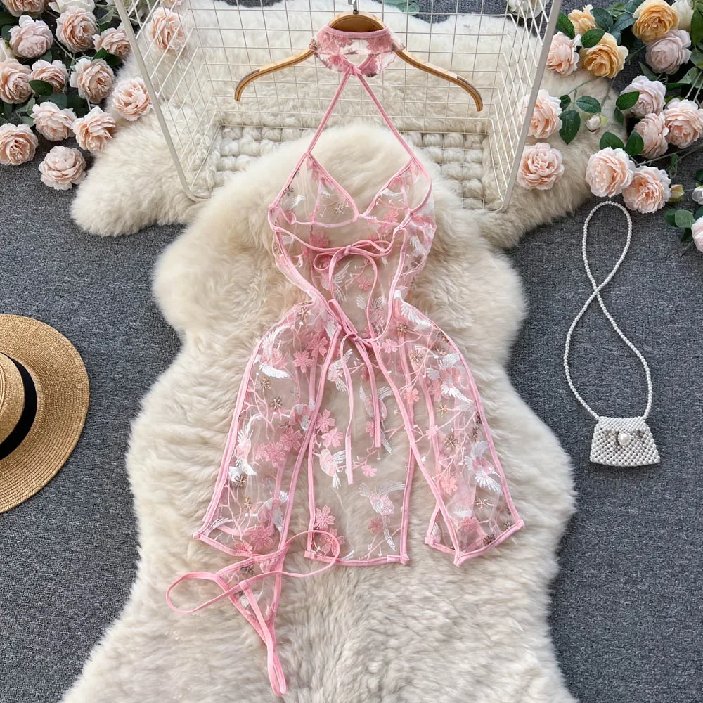 

Cheongsam Floral Embroidery Sexy Underwear Dress Women Halter Split Erotic Sheer Nightwear Backless Lace Nightdress