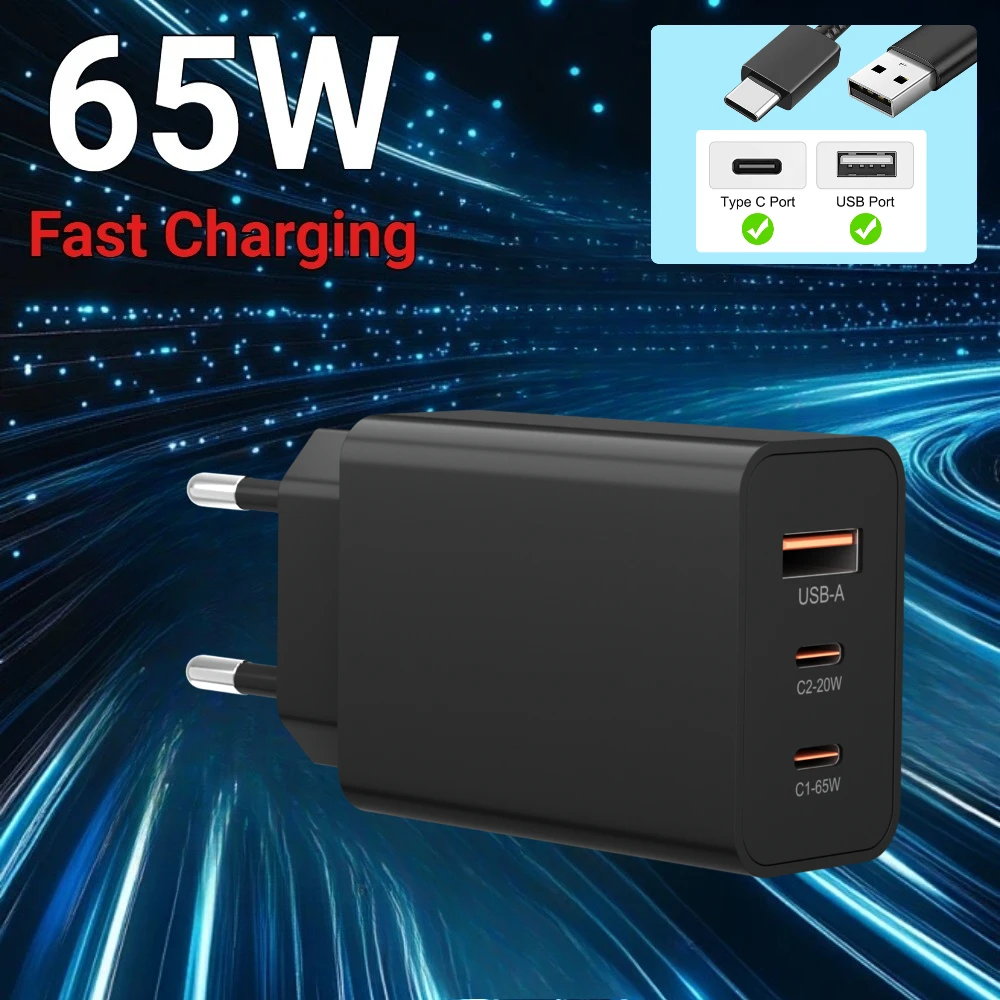 65W USB C Wall Charger, 3-Port USB C Charging Adapter Super Fast Charging Power Plug for MacBook Pro,iPhone,Samsung,and More