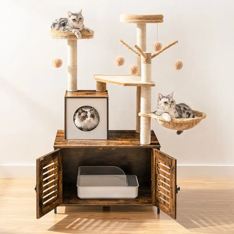 

Cat Tree With Hidden Litter Box Enclosure Cat House With Scratcher Indoor Cat Tower Condo With Scratching Posts