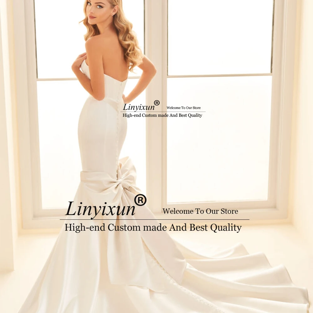Sexy strapless zeemeermin trouwjurken voor vrouwen diepe v-hals boog bruidsjurken op maat gemaakte kapel trein open rug vestido de novia