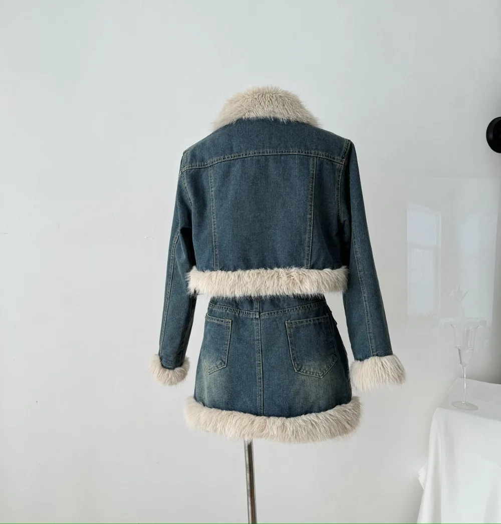 Neploe Advanced Korea Chic Denim Fur Patchwork Set Coat High Waist A-line Bodycon Slim Skirt French Harajuku Commuter Suit Falda