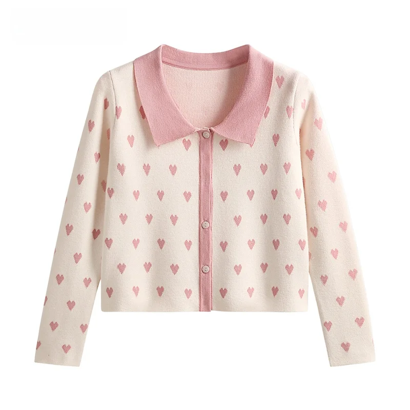 

JZZDEMM Вязаный кардиган с розовым узором в виде сердечек, женская модная верхняя одежда с воротником, длинными рукавами, стандартного кроя, осенний топ