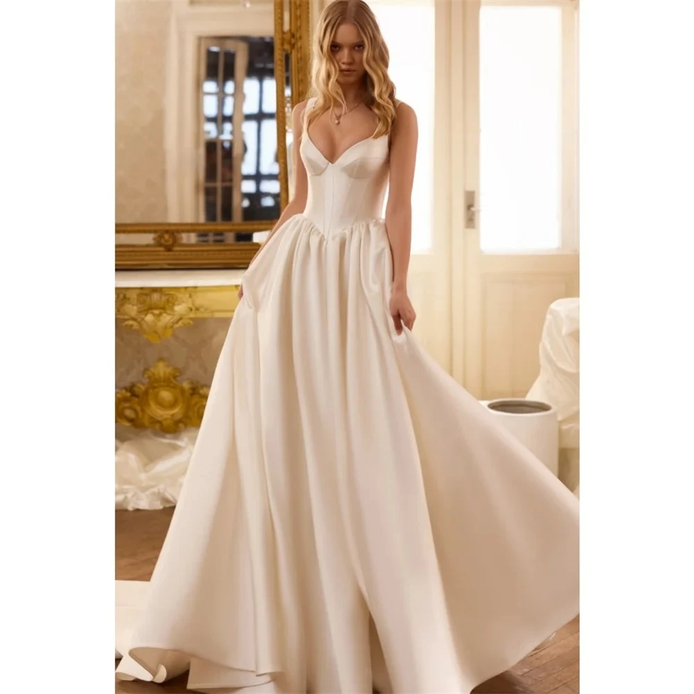 Customized White Elegant Spaghetti Strap A-Line Wedding Dresses Zip Back V Neckline Satin Bridal Dress Party Bride Robe for 2026