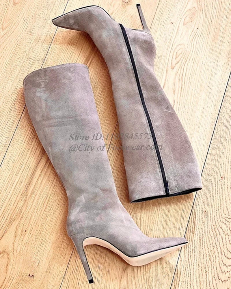 

2025 Winter Suede Pointed Toe High Heels Knee High Boots New in Black/Brown/Grey Leather Zipper Brand Long Boot Big Size Shoes