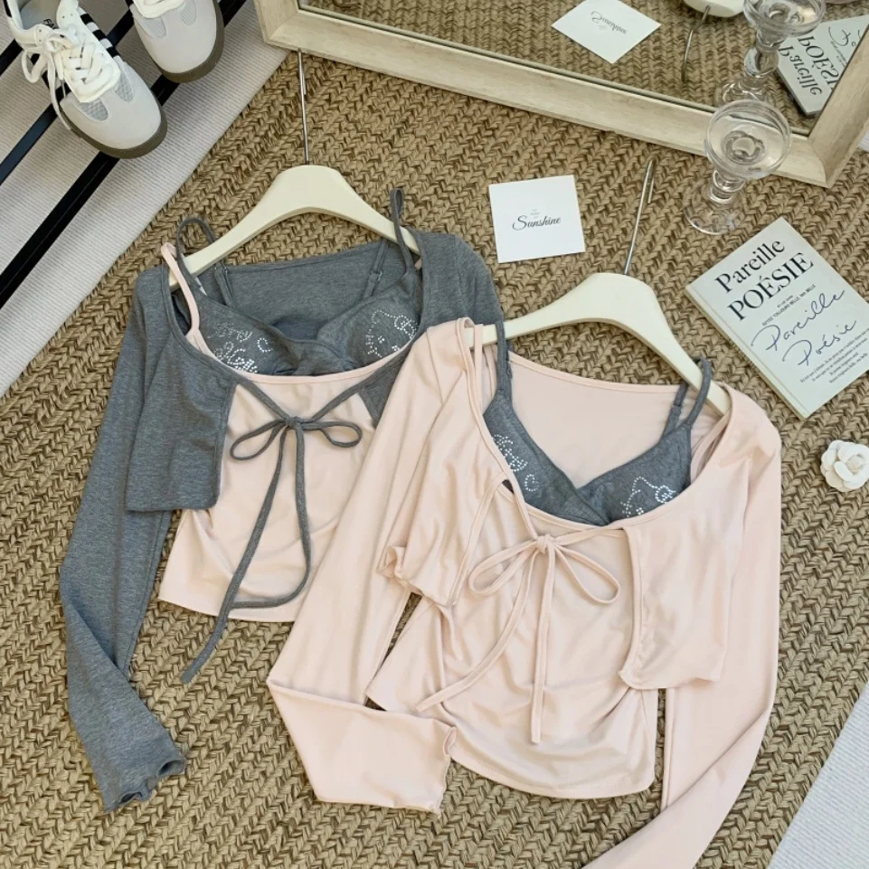 Sweet Style Long Sleeve Cardigan Set Women's Slim Fit Top with Fixed Strap Chest Pad Versatile Autumn Fashion Casual Cotton B...