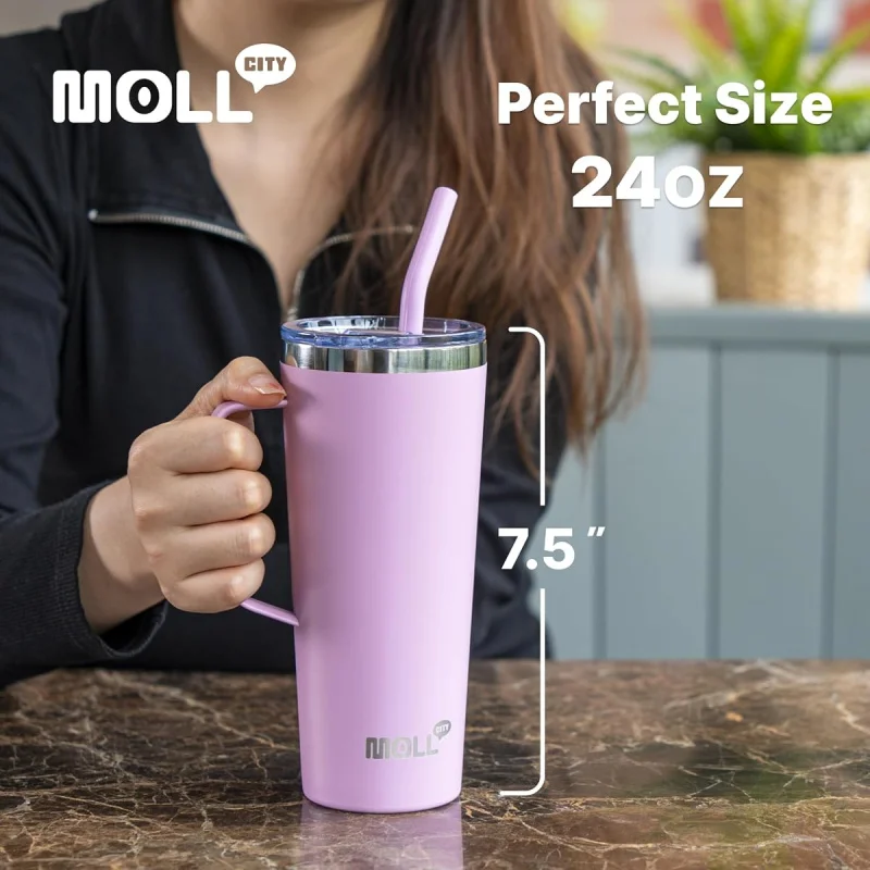 24oz stainless steel insulated coffee mug with straw and handle, double wall leakproof travel cup, 6h hot 10h cold tumbler