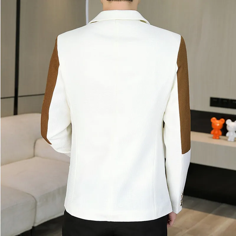 White Single Button Patchwork Suit for Men's Business Leisure Jacket, Fashion Mens Dance Party Luxurious Slim Fit Blazers