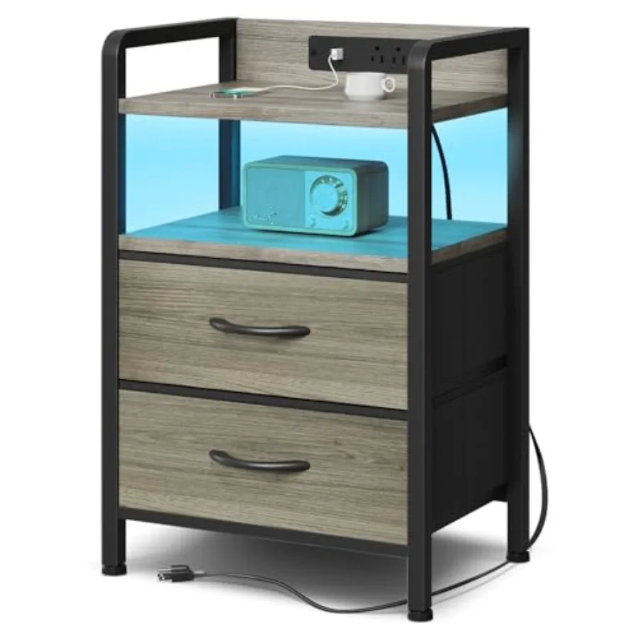Night Stand Bedside Charger Bedroom - Nightstand with Charging Station and LED Light Strip Morden End Table with USB Ports and