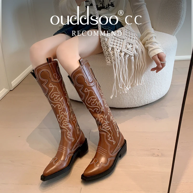 Ods Retro Embroidered Women\'s Western Boots Autumn And Winter Cowhide Square Head Thick Mid Heel Women\'s Knee Long Knight Boot41