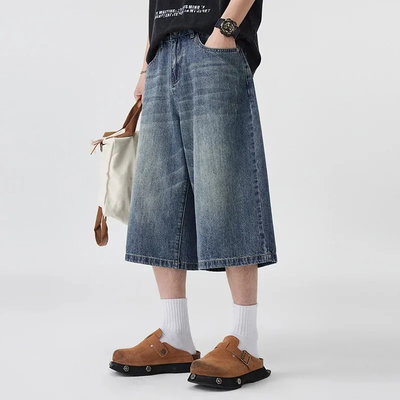 

Men's Non-Elastic Denim Seven-Five Shorts Loose Wide Leg Fit Versatile Simple Style Casual Shorts