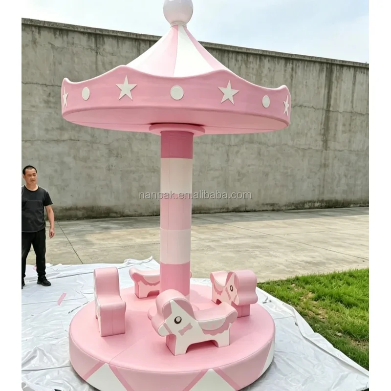 Dreamy White&pink Kids Soft Play Carousel&three Cups Merry Go Round Sensory Spinner Indoor Equipment for Play Cafe Mall Daycare