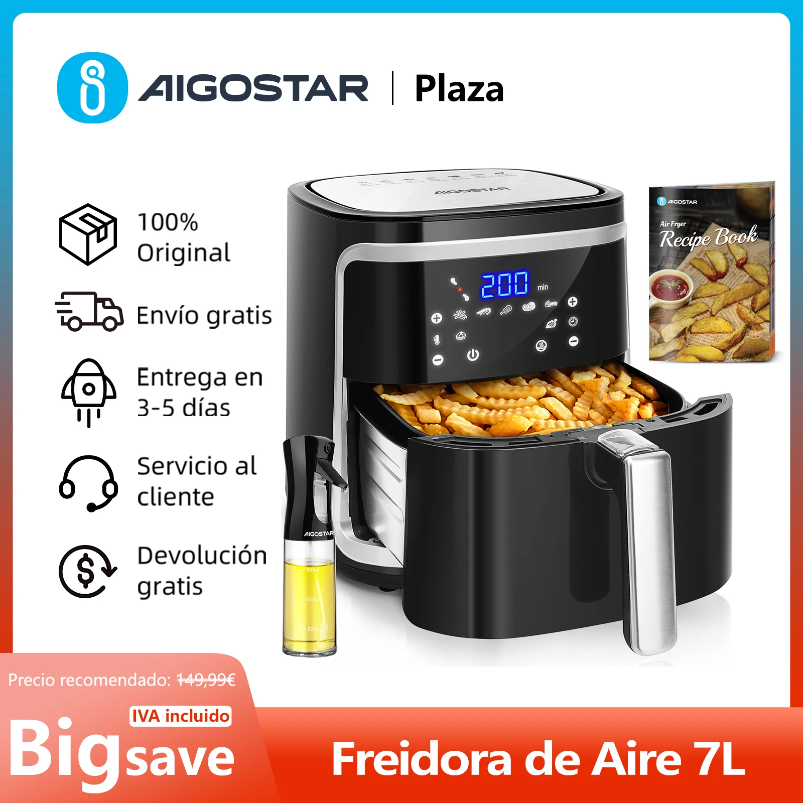 Freidora de Aire 7L, Pantalla LED Táctil, 8 Funciones, Tiempo y Temperatura Ajustables, Cesta Antiadherente Extraíble, 1900W