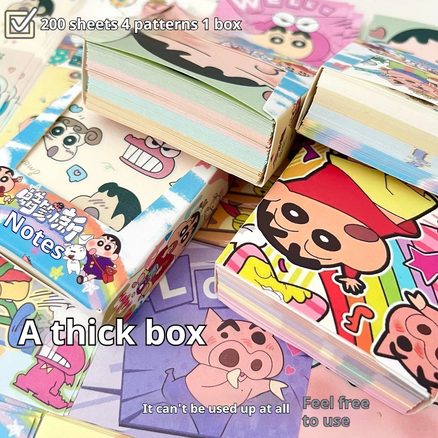 Desenhos animados Crayon Shinchan Boxed Note Paper, Cute Students' Handbooks, deixe um recado, papel dobrado à mão, atacado, 1000 páginas