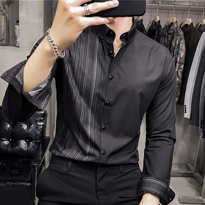 Camisa masculina assimétrica solta de botões estampados, tops casuais extragrandes, camisas listradas, moda coreana, roupa de outono, nova, 2023