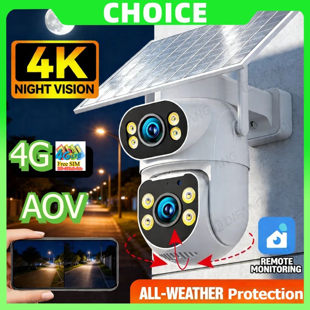 

Yoosee 4G LTE Solar Security Camera No WiFi Needed AOV 24/7 Dual Screen 2K Color Night Vision 4G Wireless Solar Surveillance