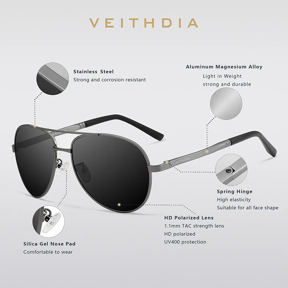VEITHDIA Brand Designer Vintage Men Sunglasses Classic Pilot Polarized UV400 Lens Fishing Sun Glasses Driving For Male 1306