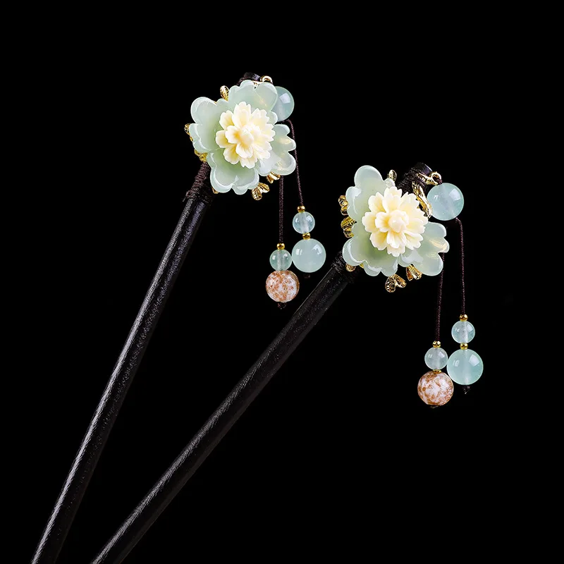 

Ethnic Style Pure Handmade Hairpins Wooden Hairpins Ancient Style Hanfu Step Shaking Tassels Disc Hair Jewelry Wholesale