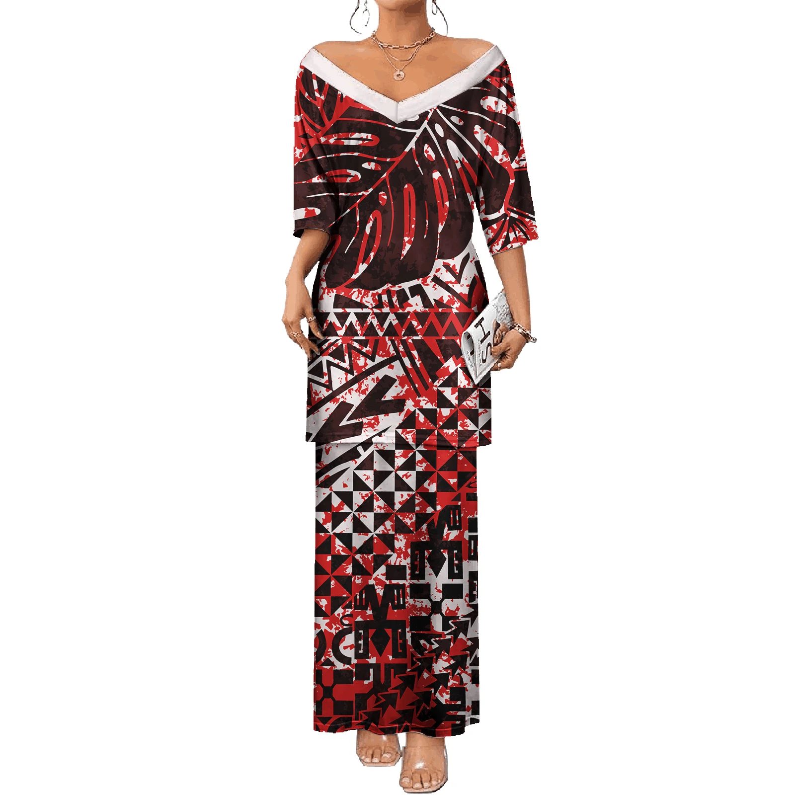 Asia & Pacific Island Clothing V-neck Tops And Skirts 2 Pcs Dress Set Plus Size Elegant Polynesian Women Dresses Puletasi Samoa