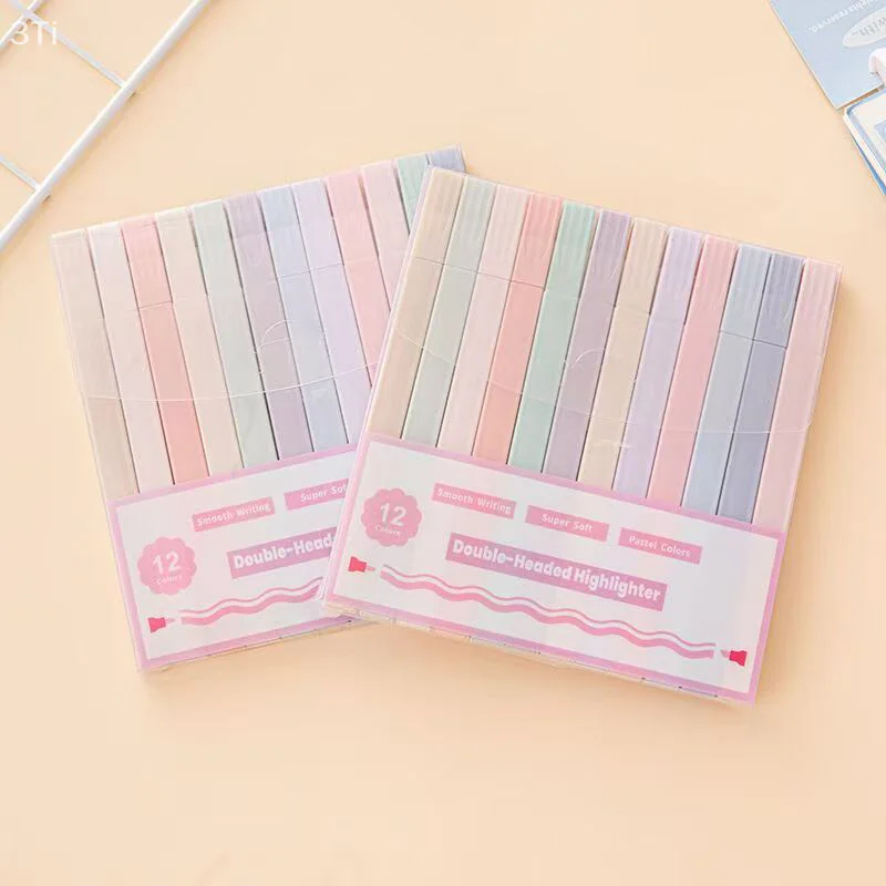 12Pcs 형광 형광펜 단일/이중 향하고 파스텔 Kawaii 컬러 마커 펜 학교 사무용품 편지지