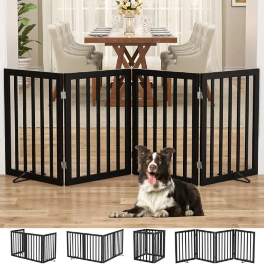 

Bamboo Freestanding Dog Gate No Assembly Pet Gate Indoor 24"H x 75"W Extra Wide Foldable Puppy Barrier Fence with Support Feet