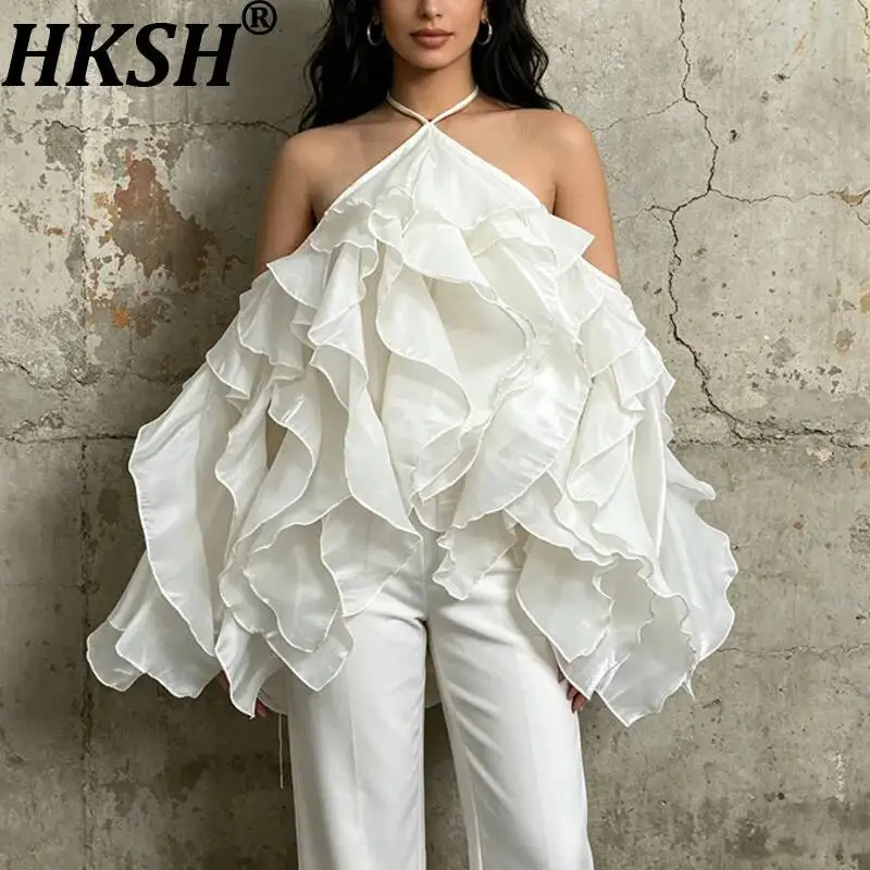 

HKSH Women Shirt French Style Sexy Vacation Halter Neck Ruffled Solid Color Off The Shoulder Backless Ins Chiffon Blouse HK24599
