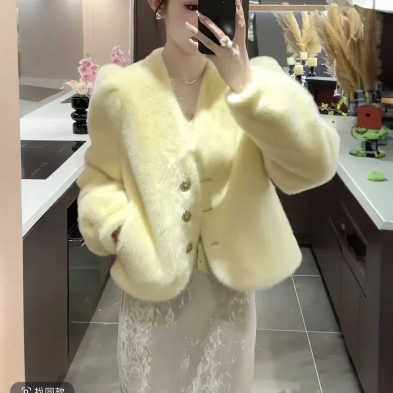 Women's Sweet Fairy Fall Winter Fur Coat Long-sleeved Warm Short Faux Jacket V-neck Senior Simple Comfortable Brand Fashion