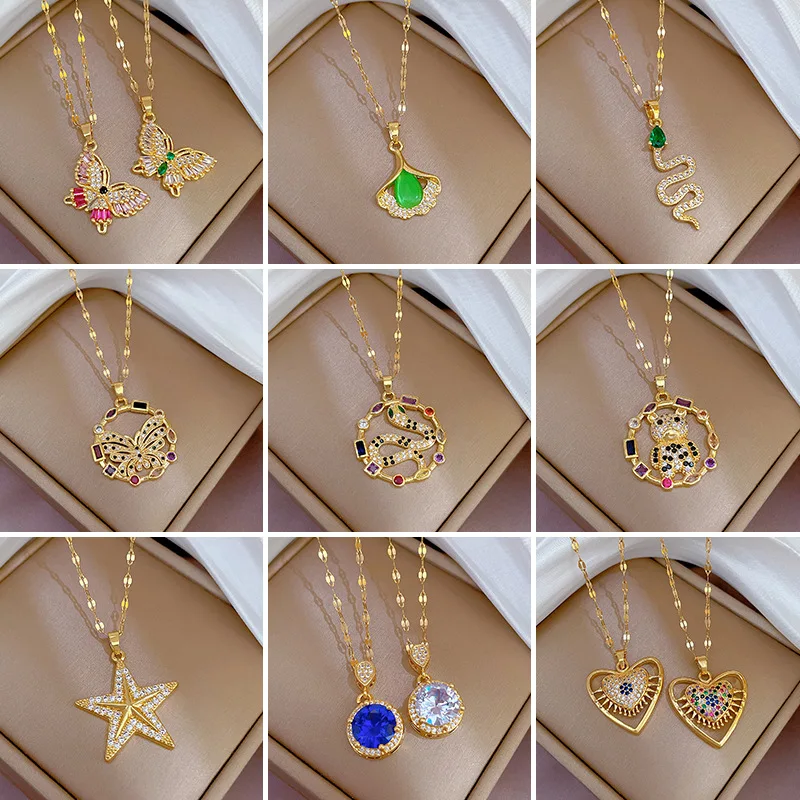 

18K Gold Plated Butterfly Star Heart Waterdrop Pendant Necklace for Women Titanium Steel Gold Color Fashion Jewelry Accessories