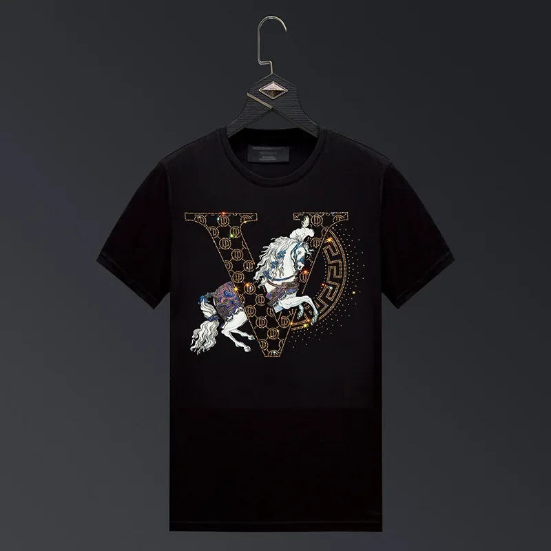 Horse Printed Rhinestones T Shirts Men Summer Clothes Fashion Streetwear O Neck Short Sleeve Thin Cool Elastic Cotton T-shirts