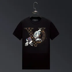 Horse Printed Rhinestones T Shirts Men Summer Clothes Fashion Streetwear O Neck Short Sleeve Thin Cool Elastic Cotton T-shirts