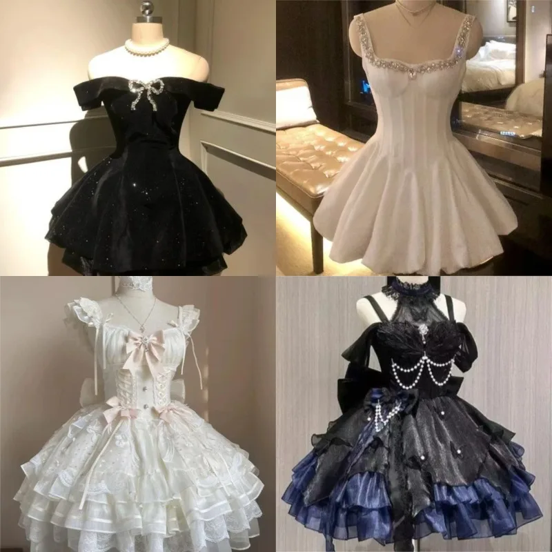 2026 Herbst Vintage Elegantes Y2K Samtkleid mit Schulterfreiem Ausschnitt und Schleife, Figurbetontes Mini A-Linien-Kleid für Damen, Abendparty, Subkultur, Lolita, Neu