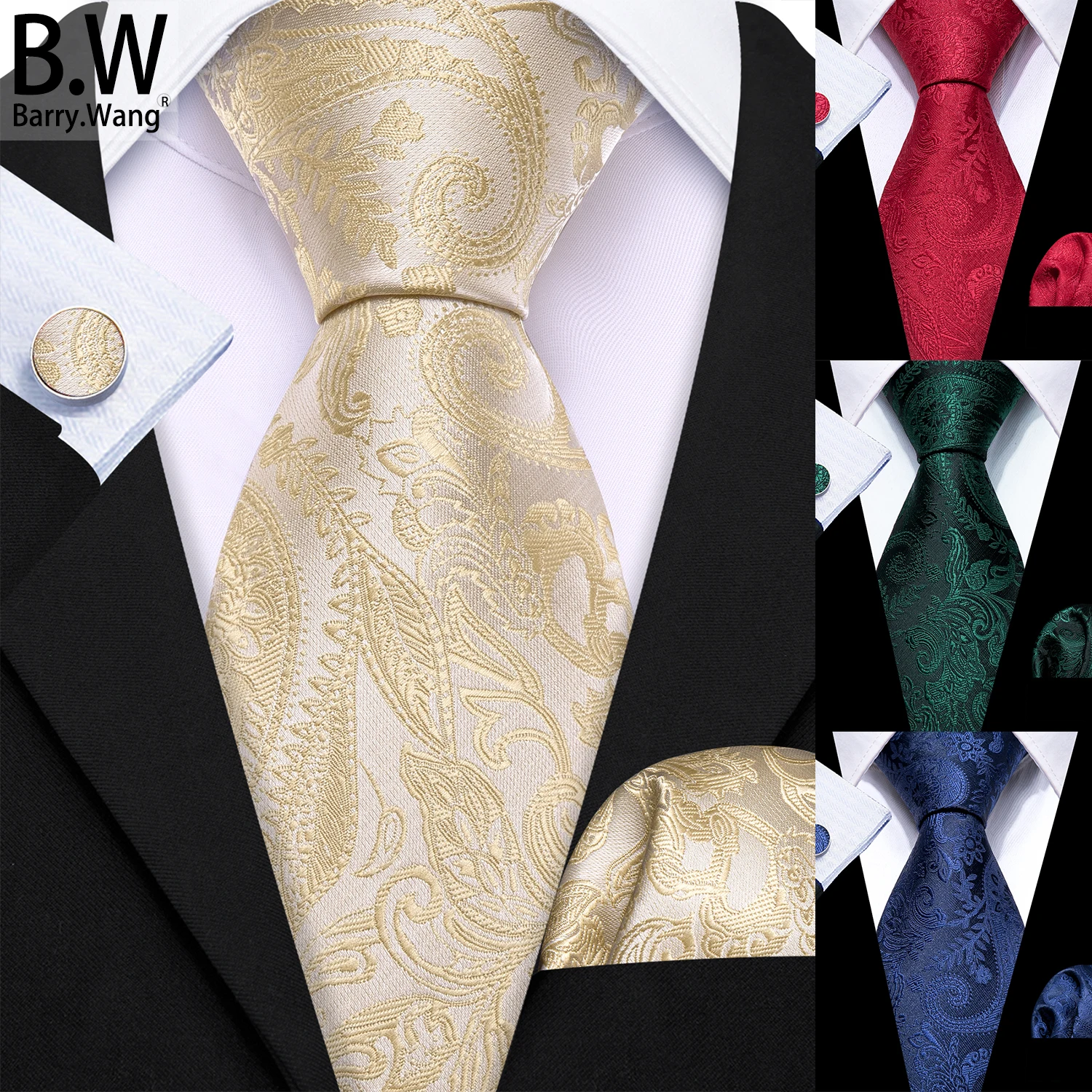 

Barry.Wang Silk Men Tie Handkerchief Cufflinks Set Luxury Same Pattern Different Colours Necktie for Male Wedding Business Party