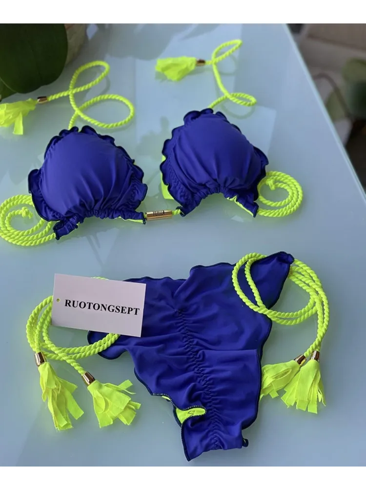 Nowy kolor Bikini 2022 Biquinis Feminino strój kąpielowy String Bikini Set Ruffel Bikini strój kąpielowy dla kobiet stałe stroje kąpielowe