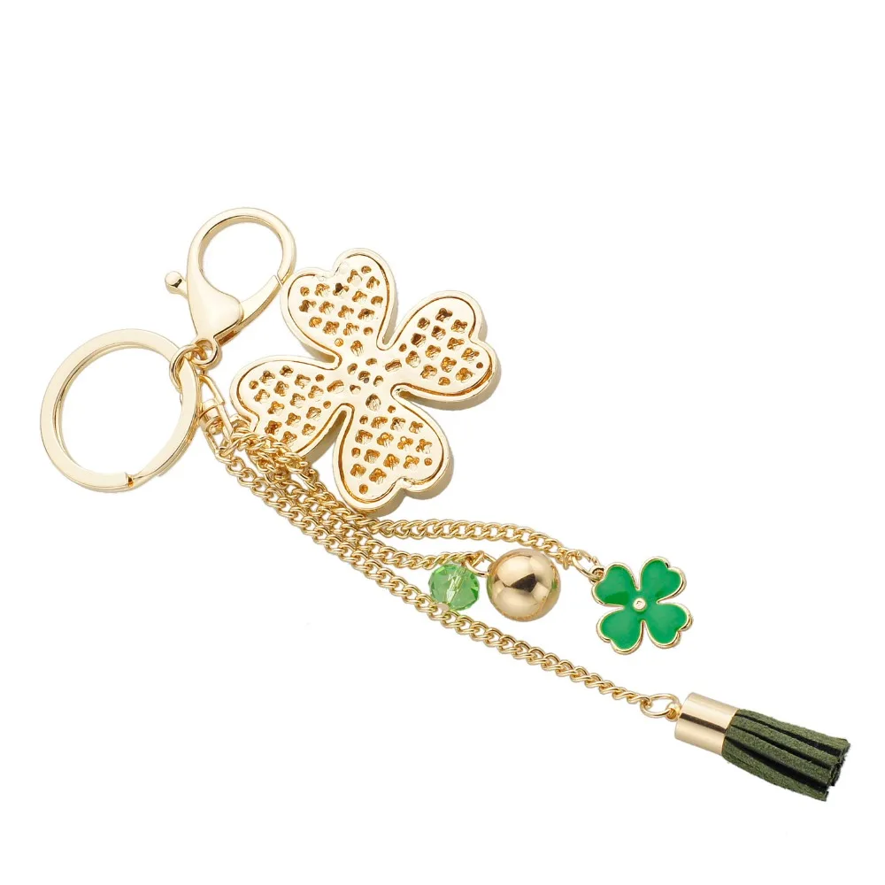 Dalaful Lucky Four Leaves Clover Crystal Key Ring Chains Holder Tassel Bag Buckle Pendant For Car Keyrings KeyChains K304