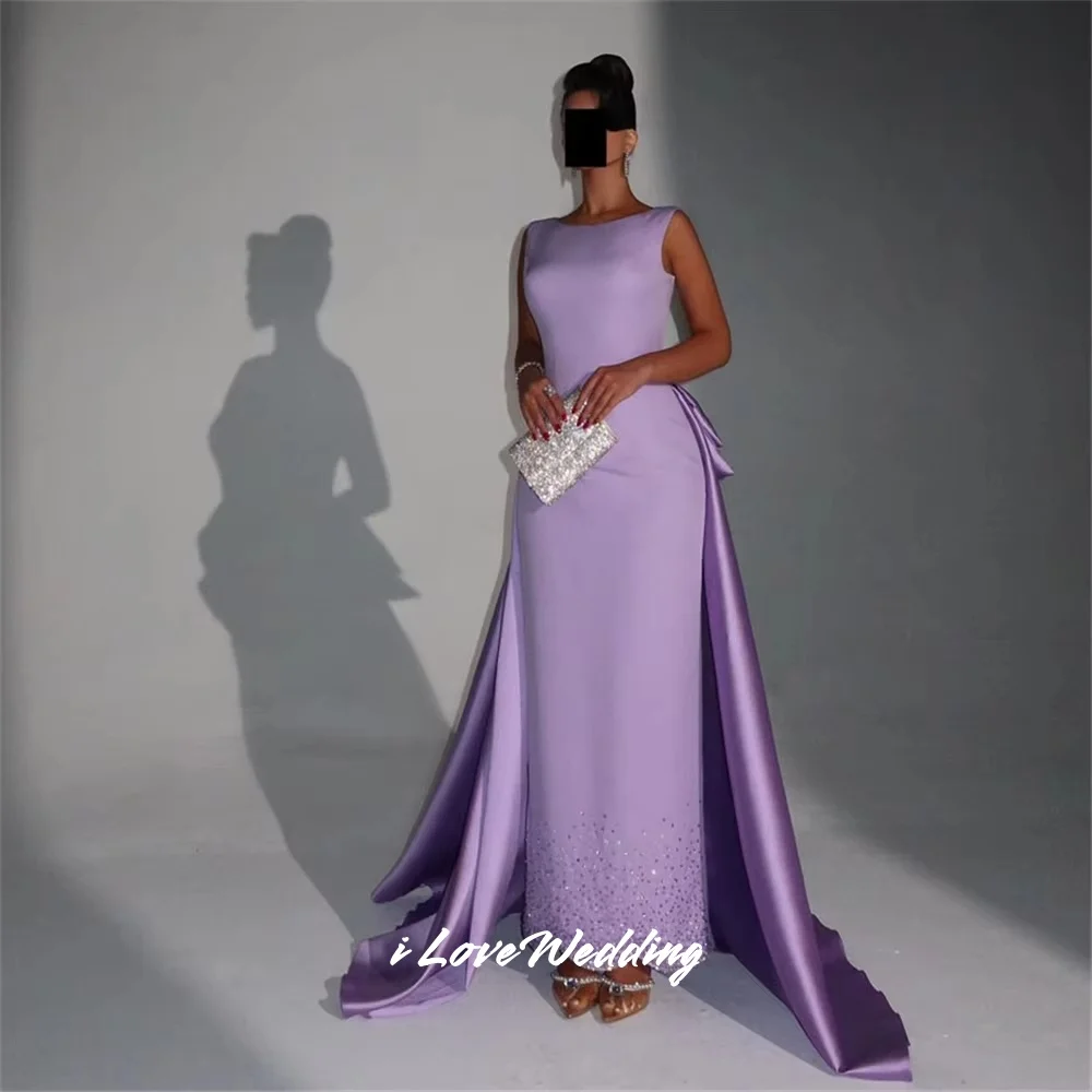 Lila Ballkleider mit O-Ausschnitt 2022, ärmellos, Meerjungfrau, rückenfrei, mit Falten, Perlen, Sweep-Zug, knöchellang, Hochzeitskleid, individuell gestaltet