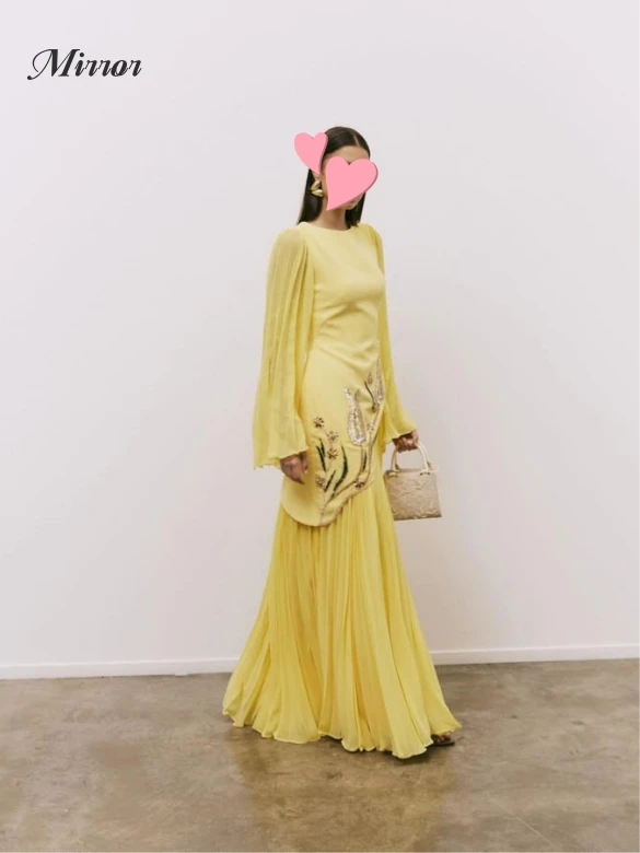 

Mirror Dress Elegant Vintage Sweet Yellow Beads Chiffon Ruffle Stylish Customize Formal Occasion Prom Dress Evening Party Gowns