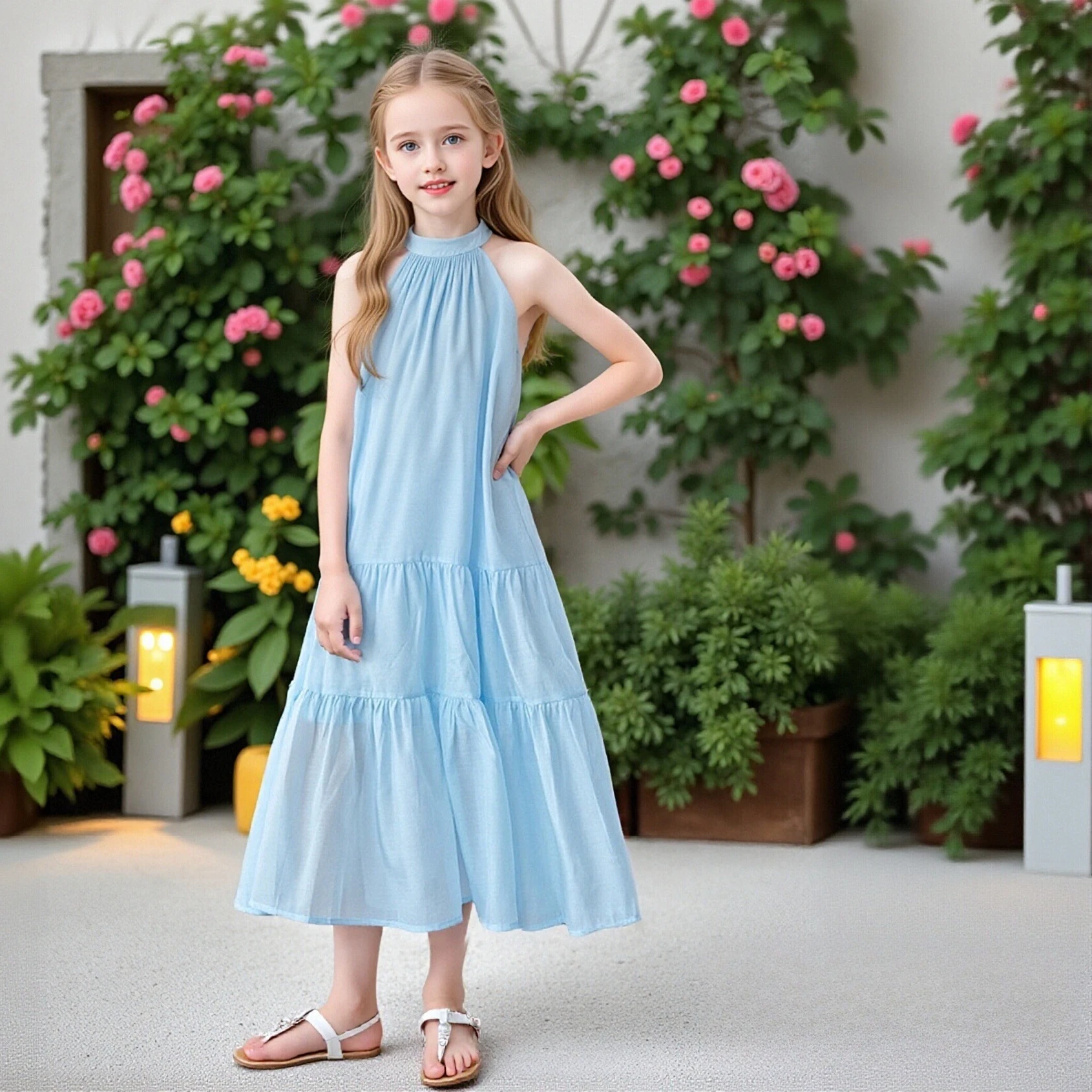 

Teen Girls Light Blue Halter Neck Tiered Midi Dress Sleeveless Tie Back Flowy Beach Dress for Kids Summer Vacation & Casual Wear