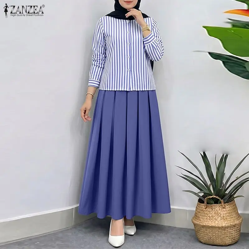ZANZEA Modest Muslim Outfits Summer Long Sleeve Buttons -Up Striped Blouse Elastic Waist Pleated Skirt Suit Women Matching Sets 3