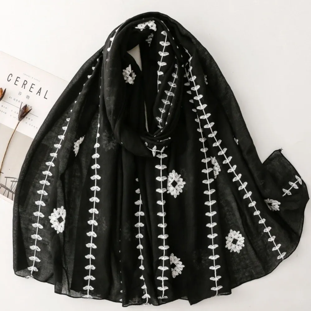 

Fashion Embroidery Floral Long Scarf Solid Color Thin Shawl Wraps Soft Beach Stoles
