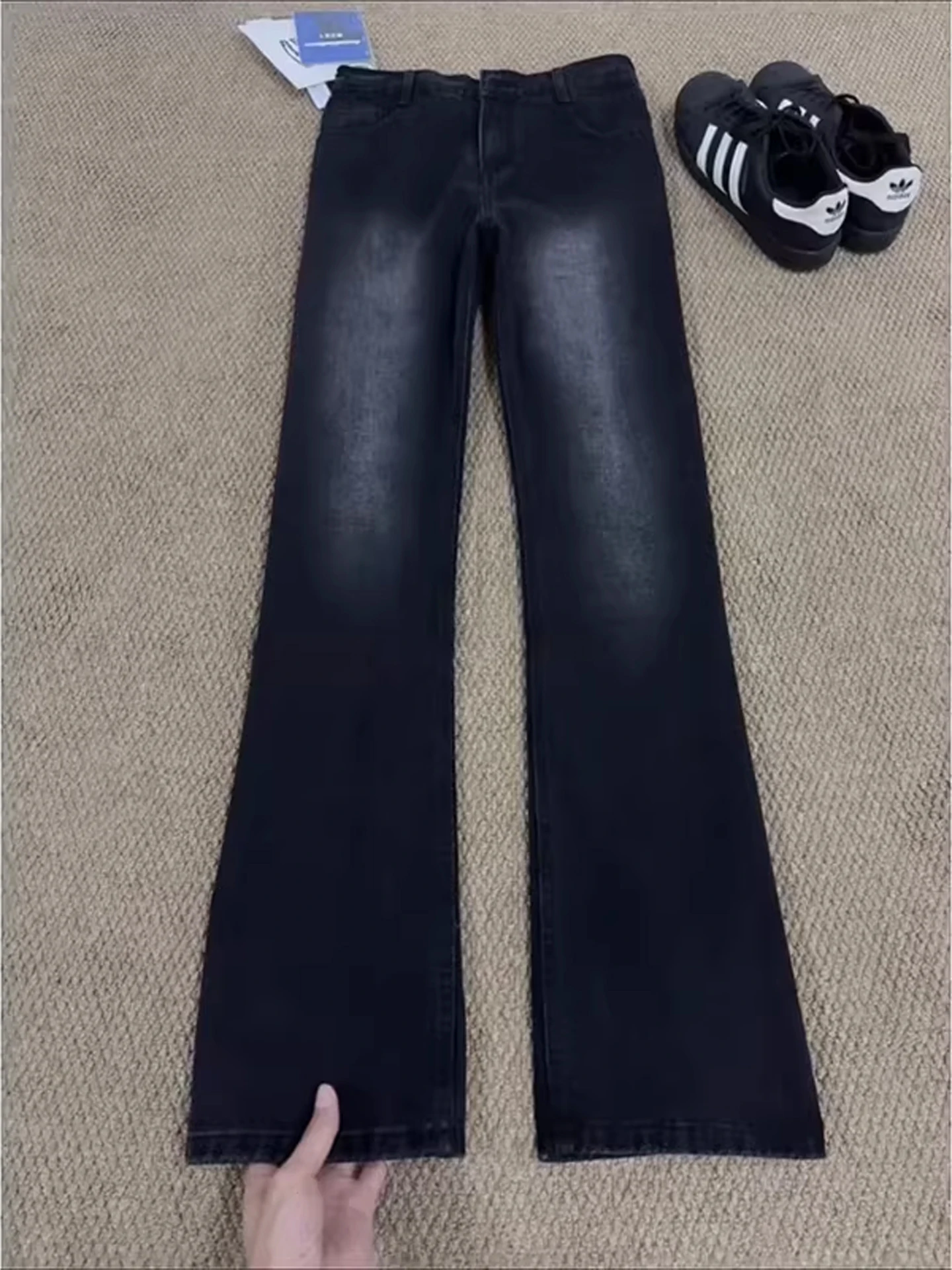 

Cleanfit Men's High Street American Style Micro Flared Jeans Washed Straight Leg Trousers Long Leg Illusion Casual Jeans