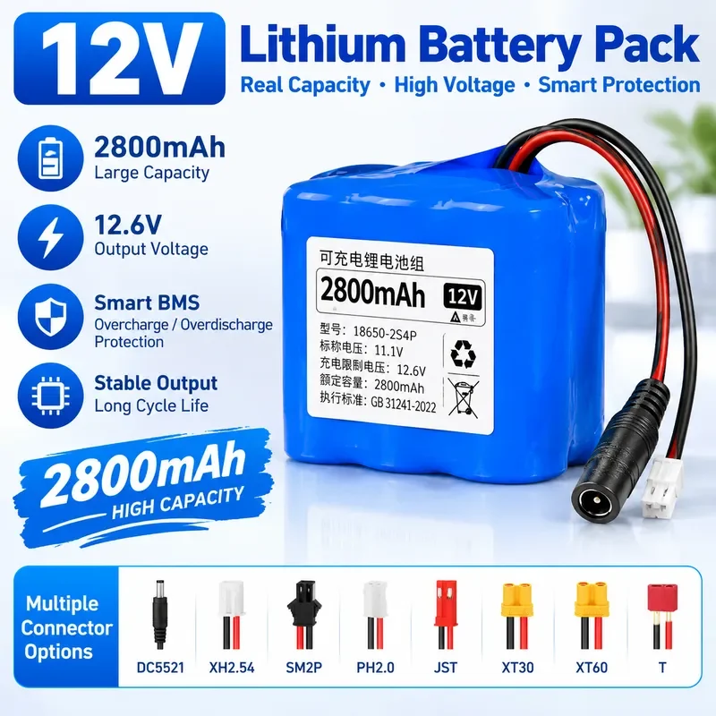 12V Large Capacity 18650 Rechargeable Lithium Battery Pack for Outdoor Monitoring LED Light GPS with Intelligent Digital