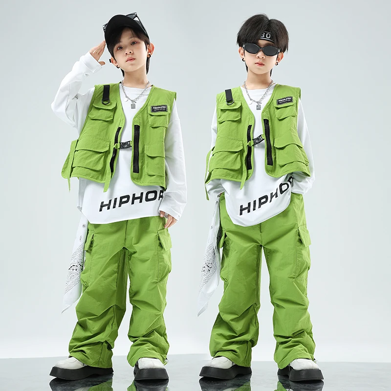 Kids Hip Hop Dance Clothes Green Vest Pants Boys Performance Costume Girls Jazz Dance Outfits Teenagers Group Stage Wear BL12073