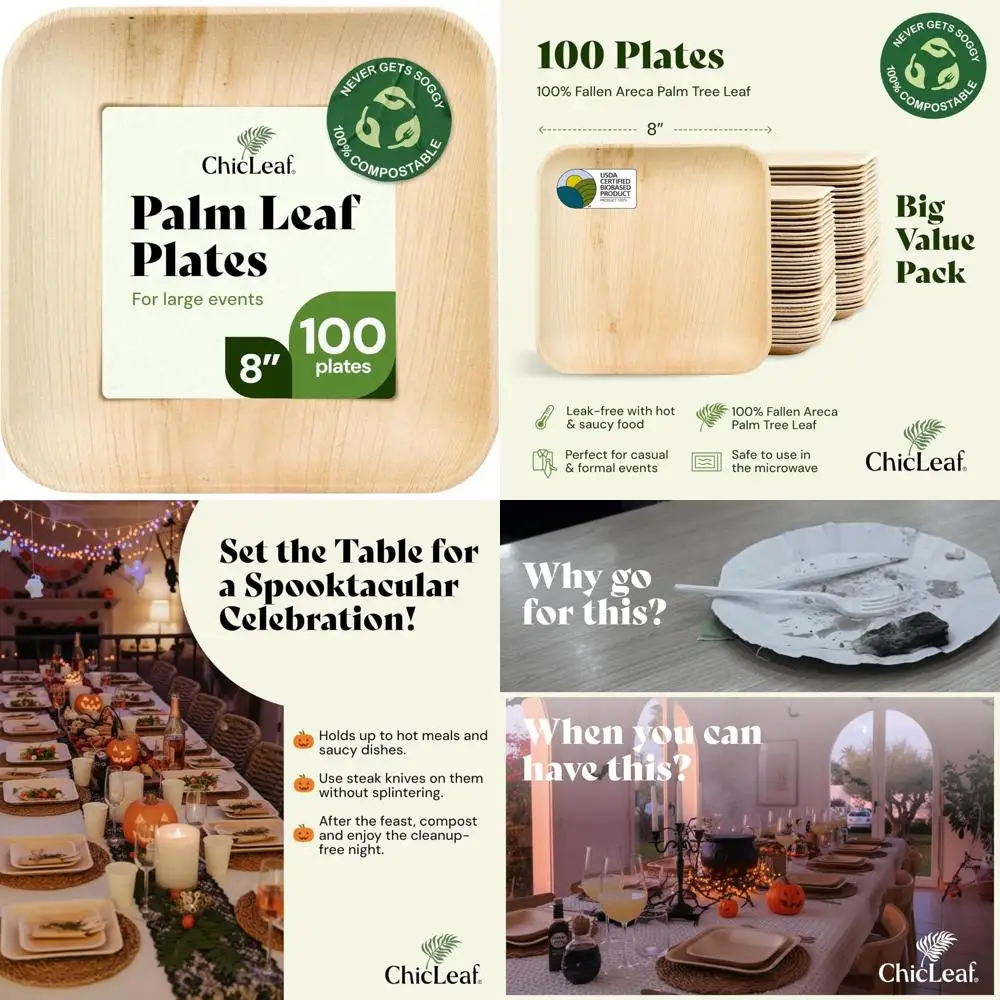 

Biodegradable Bamboo Palm Leaf Plates - 8 Packs of 100 - Compostable Dinnerware for Disposable Party Use