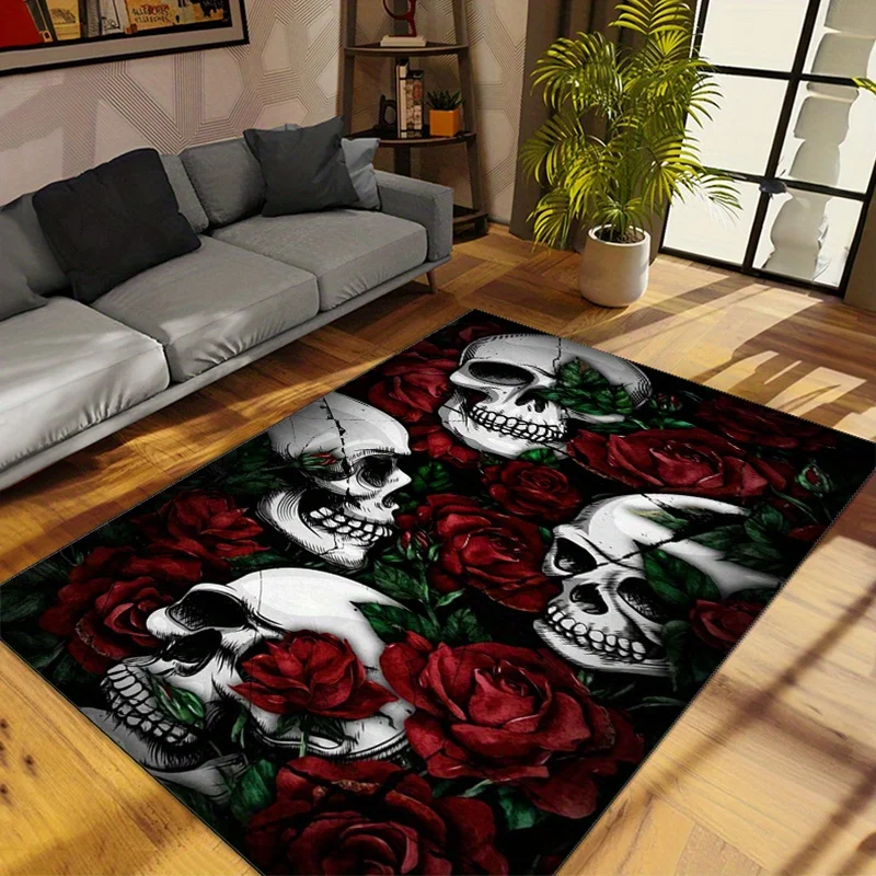 1pc 2D Flat Printed Area Rug, Halloween Skull & Rose Design, All Season Versatile Indoor Decor Rug, Large Size, for Living Room