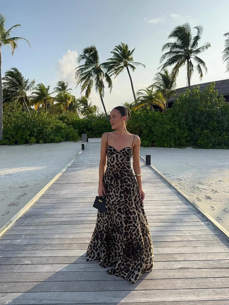 

Spring Summer Women's Sexy Leopard Print Halter Dress Long Casual Style No Brand Polyester Fabric Sleeveless Loose Waist