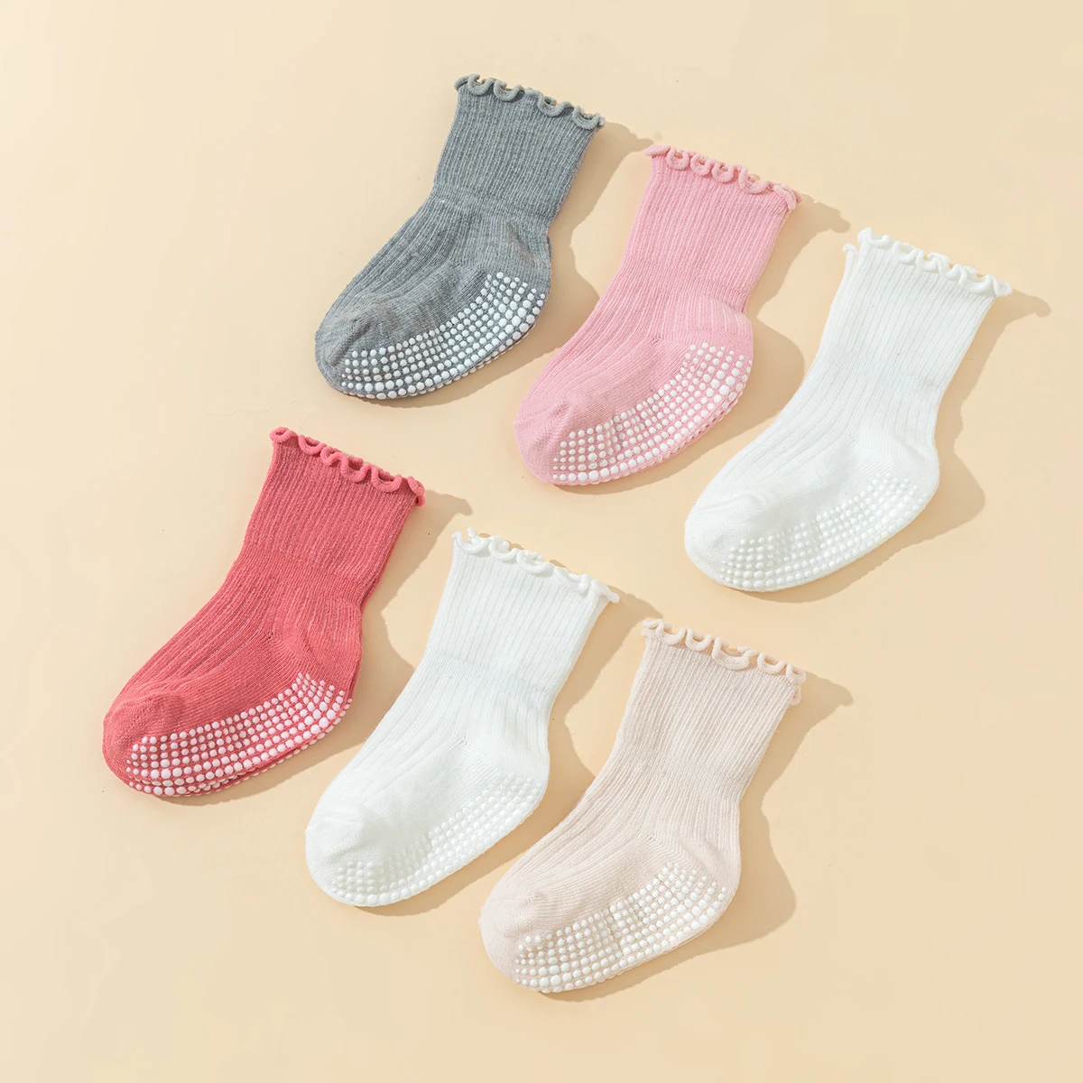 6 Pairs Girls' Toddler Cotton Socks with Lace - baby Anti-Slip Dot Gel Socks, Cute Walking Socks with Non-Slip Ruffles Design