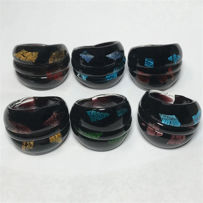 Handmade For Neutral Women Men Retro Style Murano Glass Liuli Multi Colored Black Finger Rings Fashion Jewelry Blue And Green