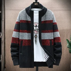 2024 Winter Warm Cardigan Sweater Men Color-blocking Zipper Jacket Casual Stand-collar Knitted Cardigan SweaterCoat Men Clothing