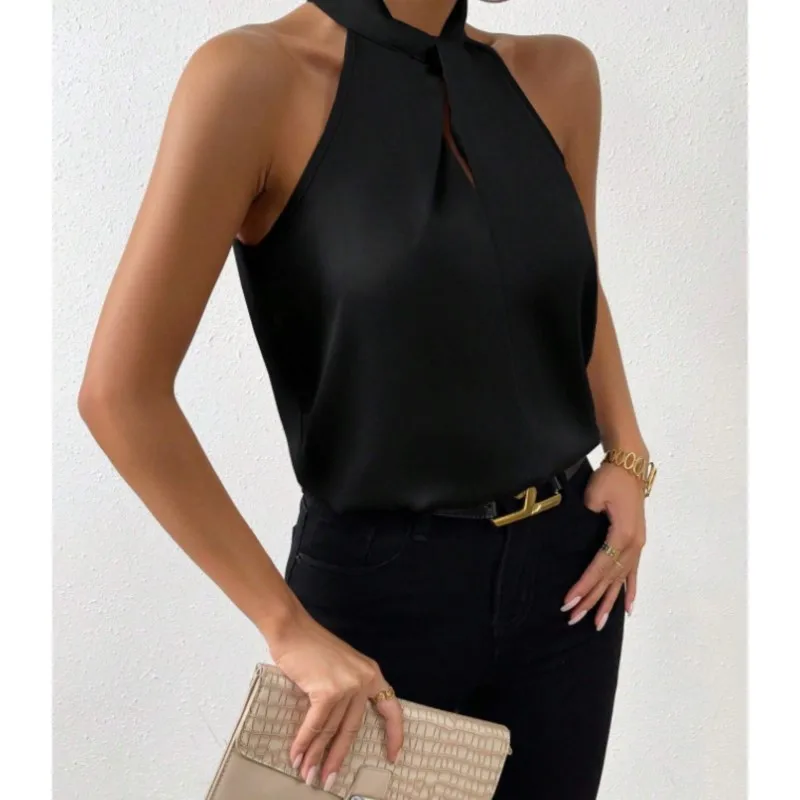 Women's Solid Color Blouses Summer New Satin Vest Off-Shoulder Halter Neck Sleeveless Slim Fit Casual Fashion Roupas Feminina